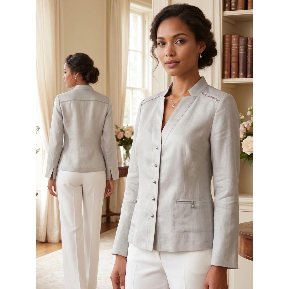 Gerard Darel 100% Linen Jacket‎ Stone Beige Stand Collar French Designer 38